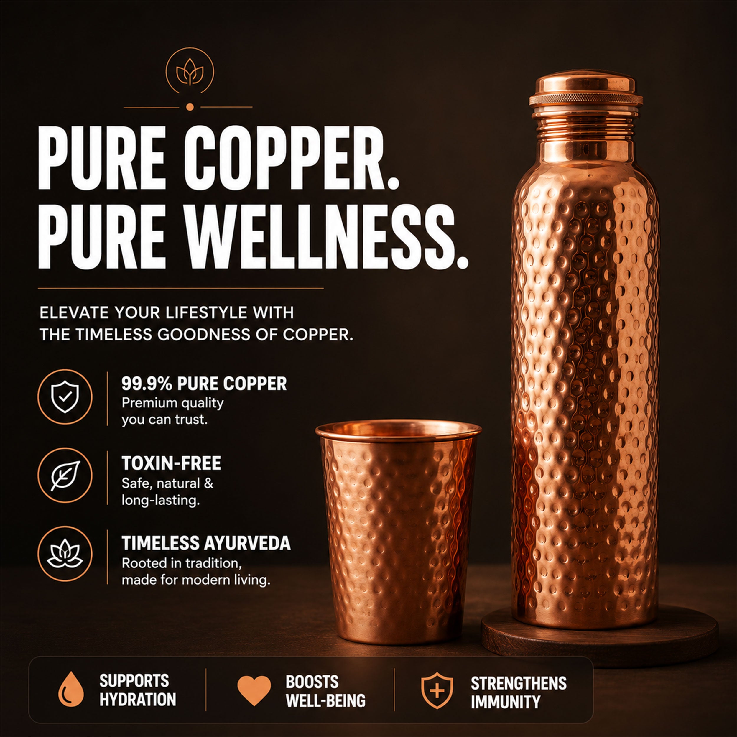Certified Ayurveda® Pure Copper Water Bottles - V2 Hand-Hammered Edition